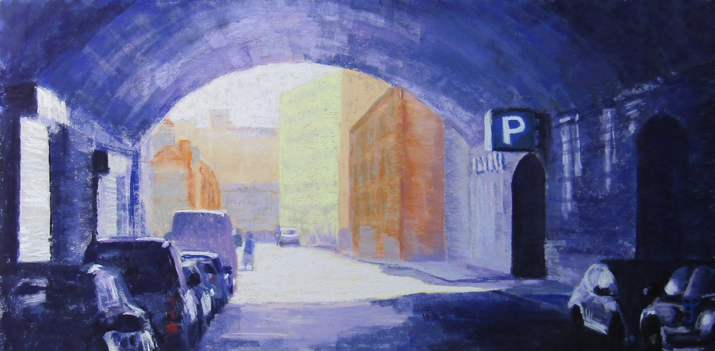 a cityscape pastel painting of the view along Allison Street Digbeth Birmingham from under Moor Street railway viaduct