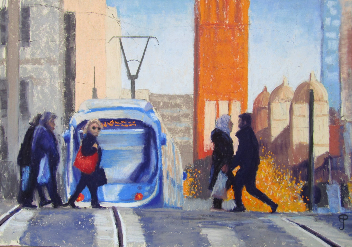a cityscape pastel painting of shoppers crossing Corporation Street Birmingham behind a Midlands Metro tram