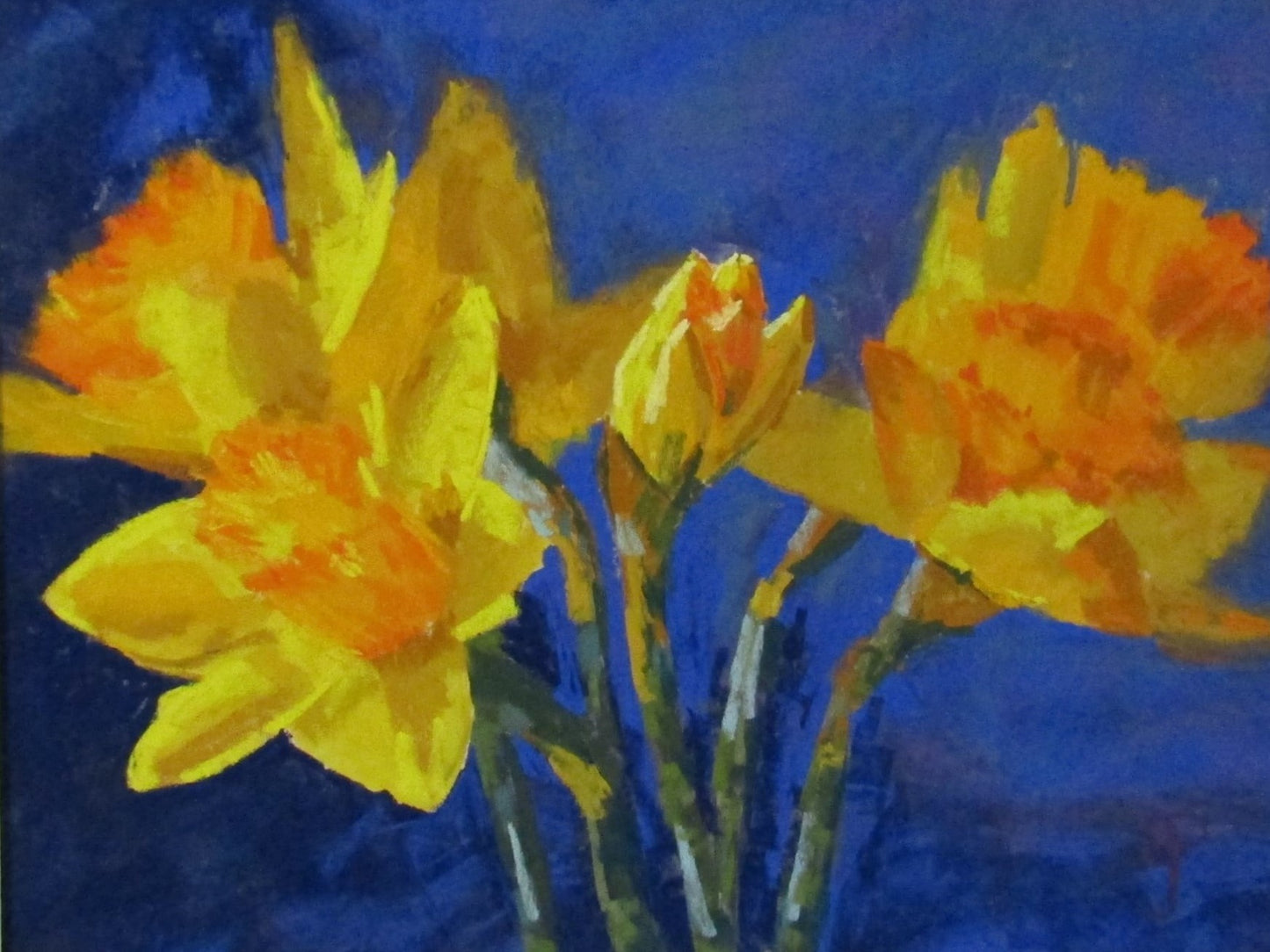 An impressionist inspired pastel painting executed with bold marks showing a closeup group of daffodils on a blue background