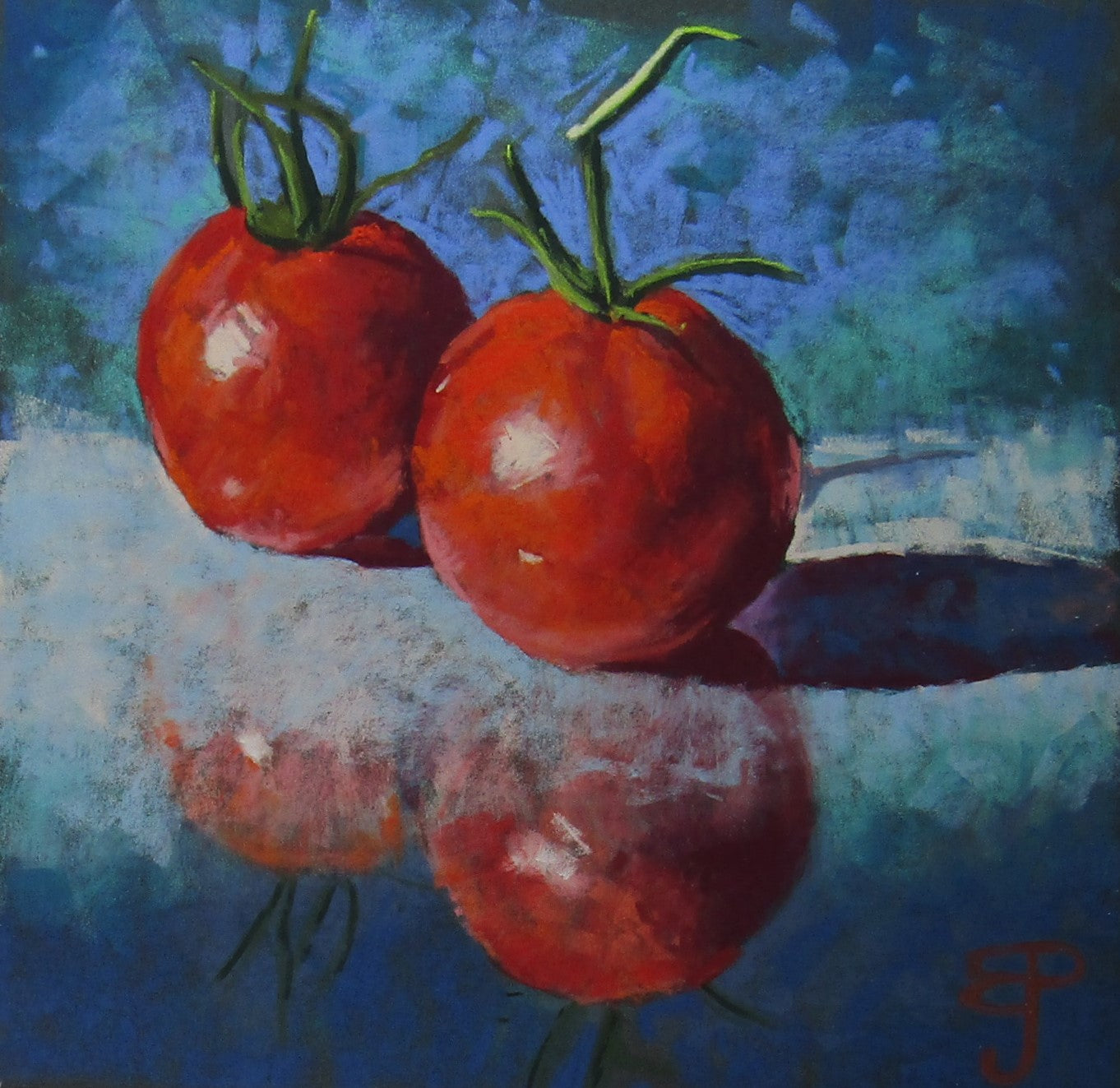 a still life pastel painting with two shiny tomatoes on a mirror