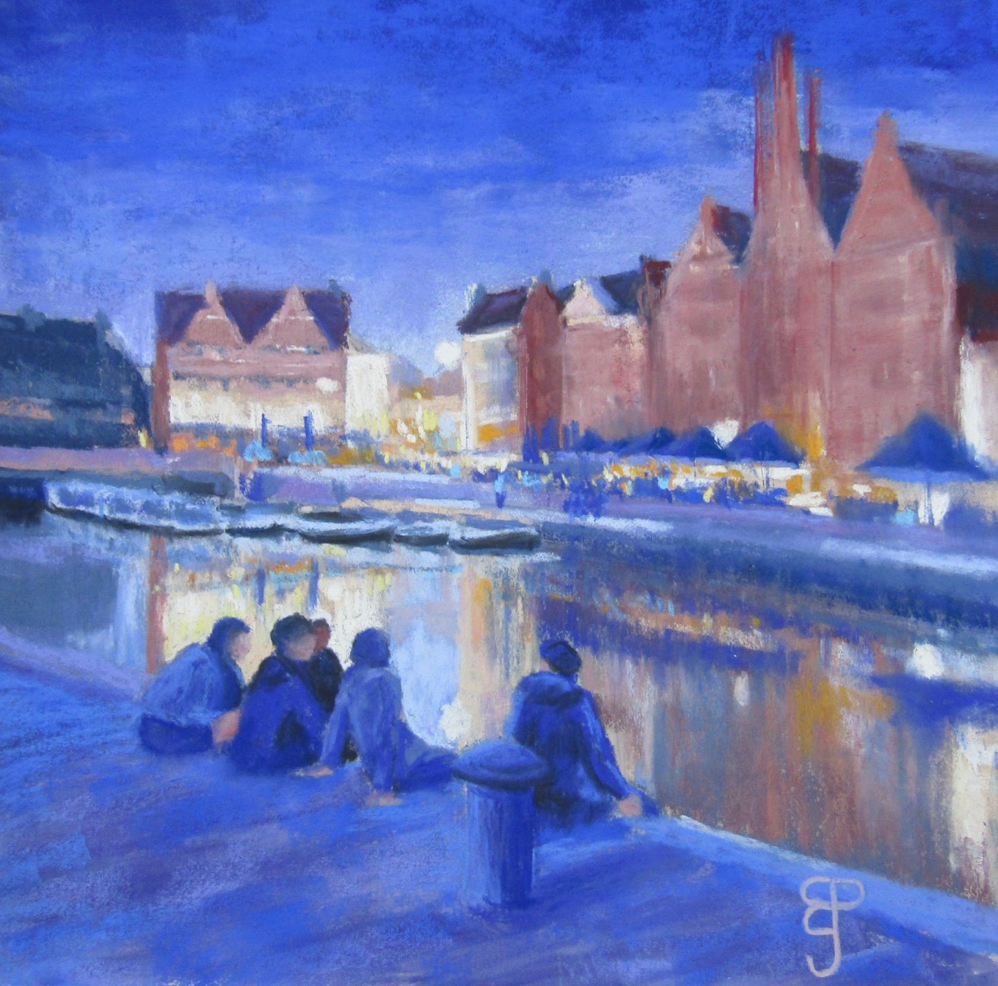 A pastel painting of teenagers chatting in Ghent on a summer's evening looking across the canal to a row of bars and restaurants