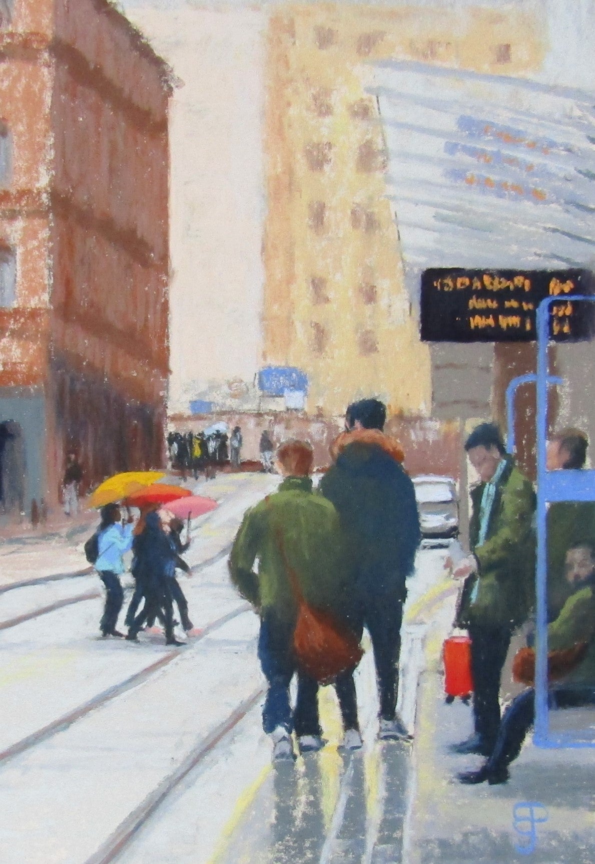 a cityscape pastel painting of shoppers at Birmingham Grand Central tram stop