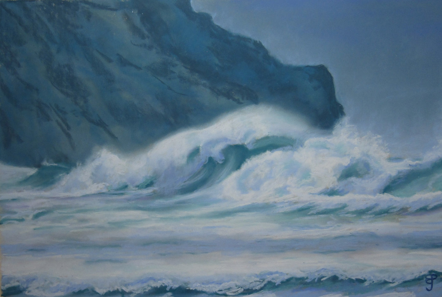 a seascape pastel painting of a stormy wave in front of a cliff