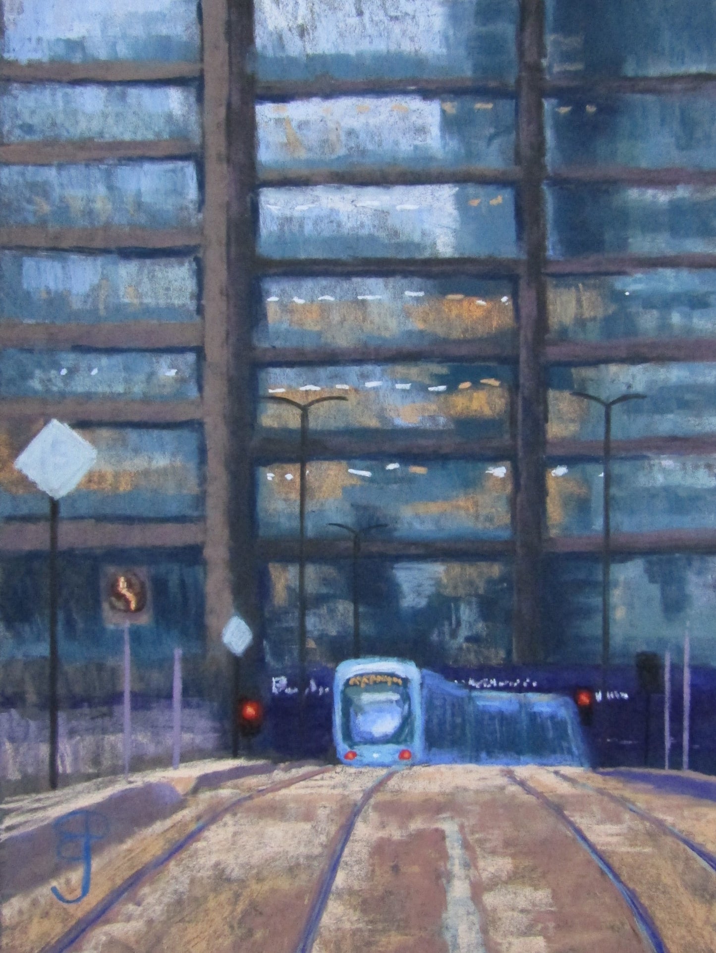 a cityscape pastel painting of a tram departing from the Library stop Broad Street Birmingham turning in front of Paradise