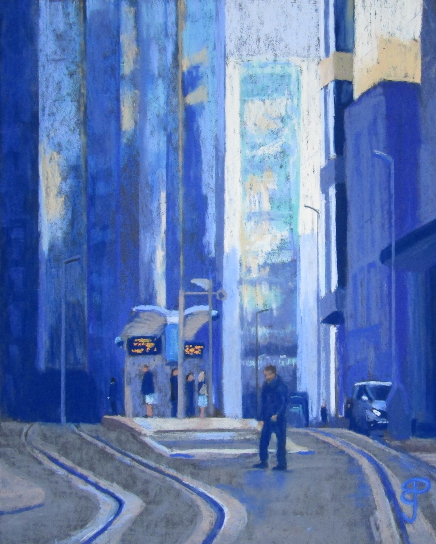 a cityscape pastel painting of Bull Street Birmingham tram stop