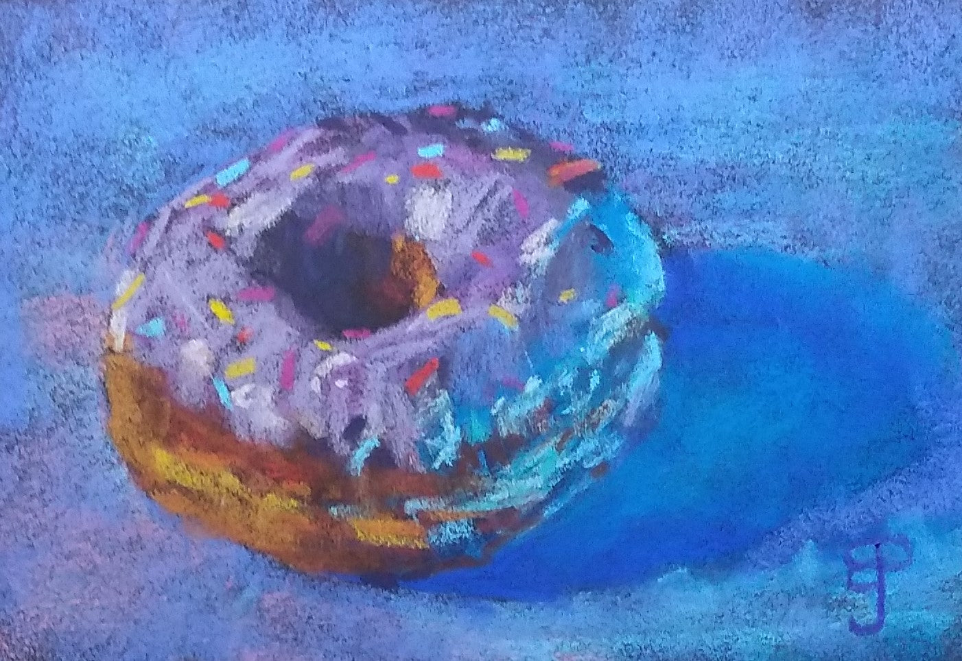 A pastel still life painting of a donut bathed in blue light