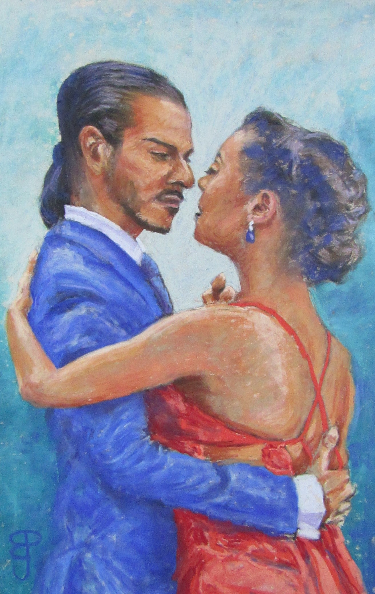 A pastel painting of two young tango dancers
