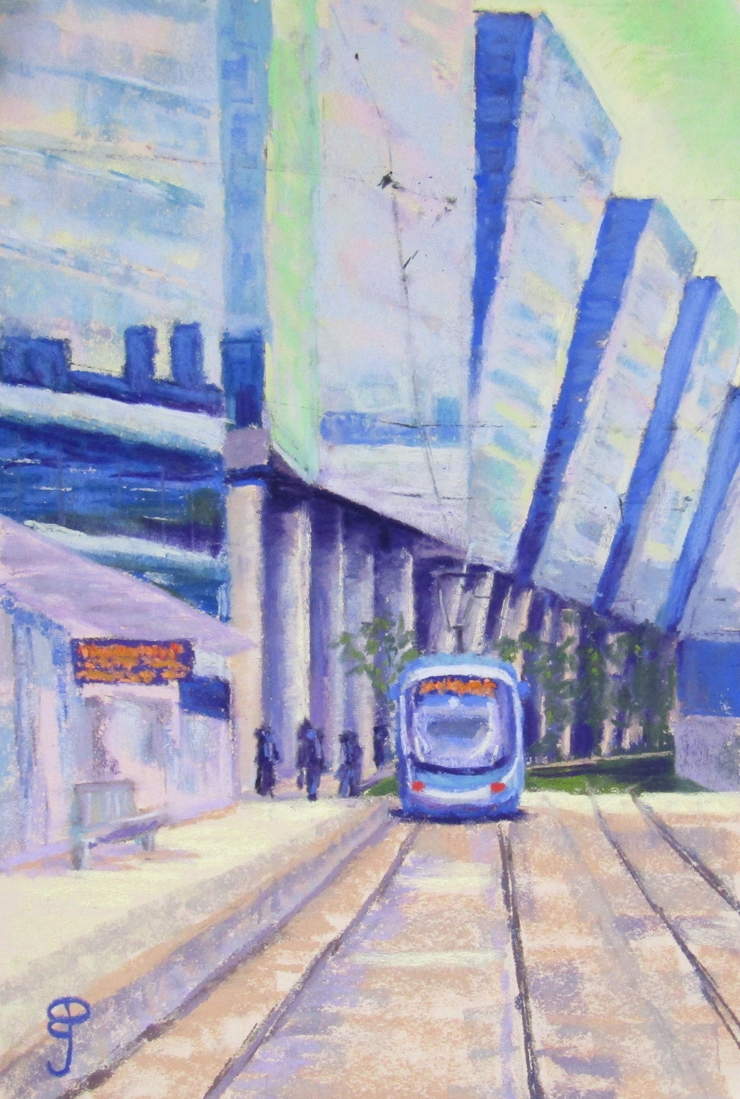 a cityscape pastel painting of a Midlands Metro tram departing St Chads approaching office buildings at Snowhill