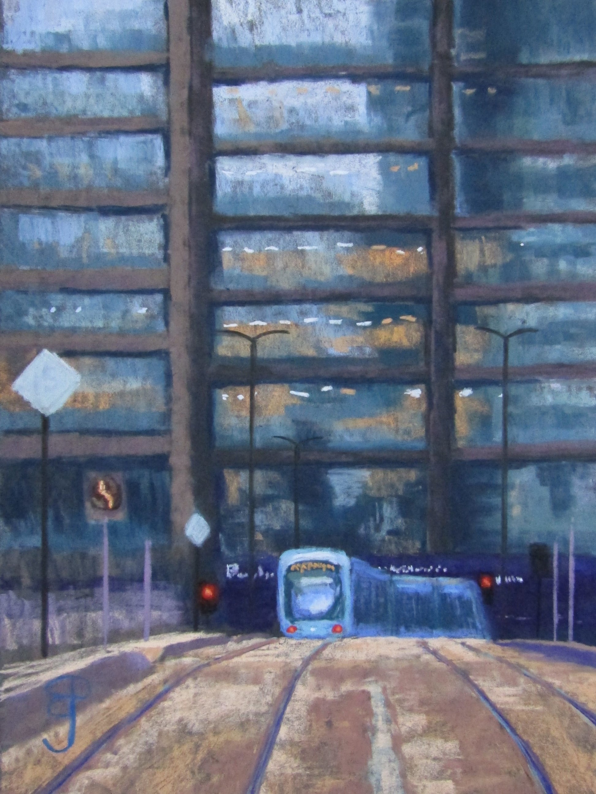 a cityscape pastel painting of a tram departing from the Library stop Broad Street Birmingham turning in front of Paradise