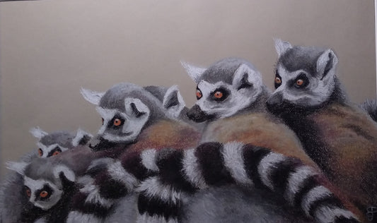 A pastel painting of four lemurs all looking left over each others shoulders